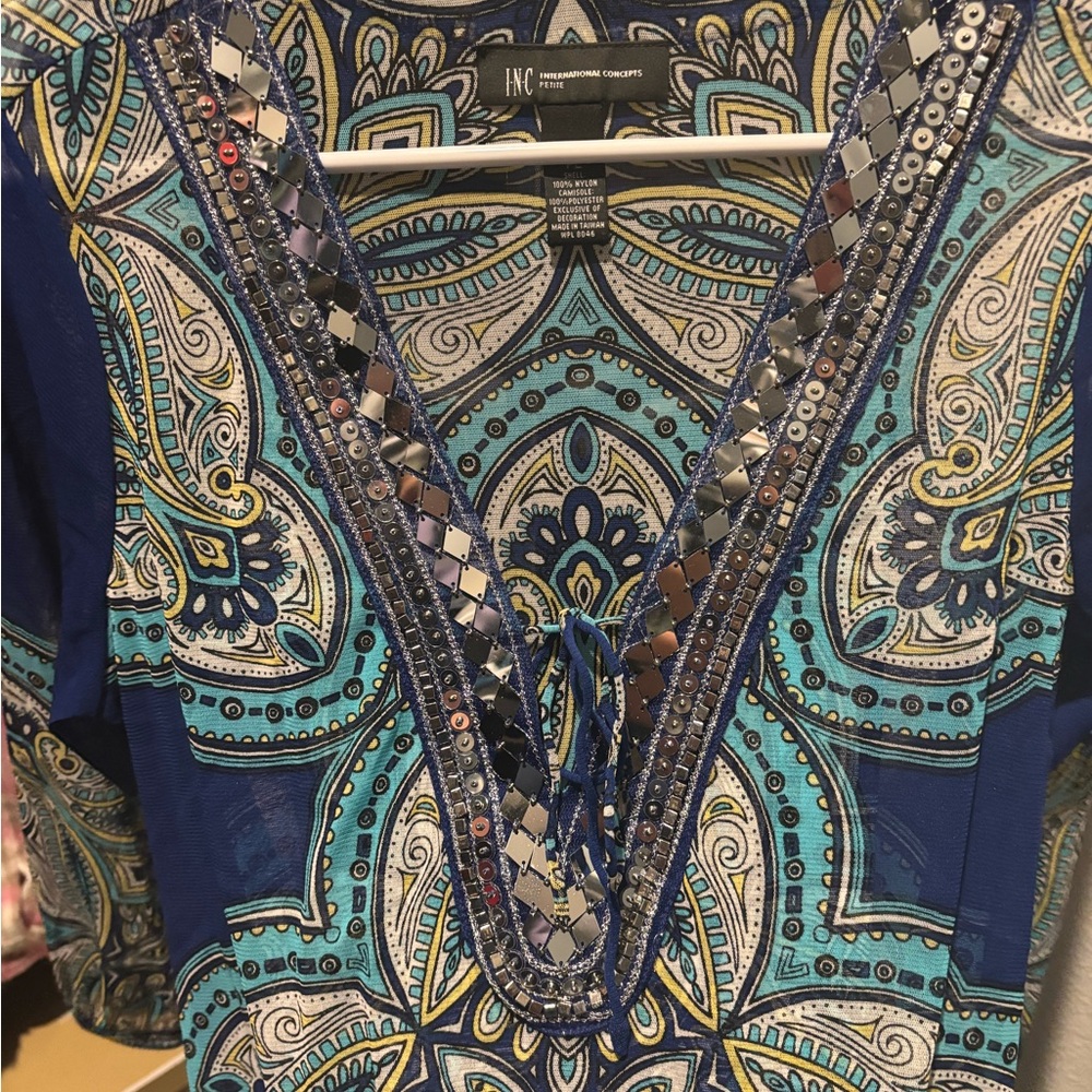 INC International Concepts Teal and Navy Paisley Blouse